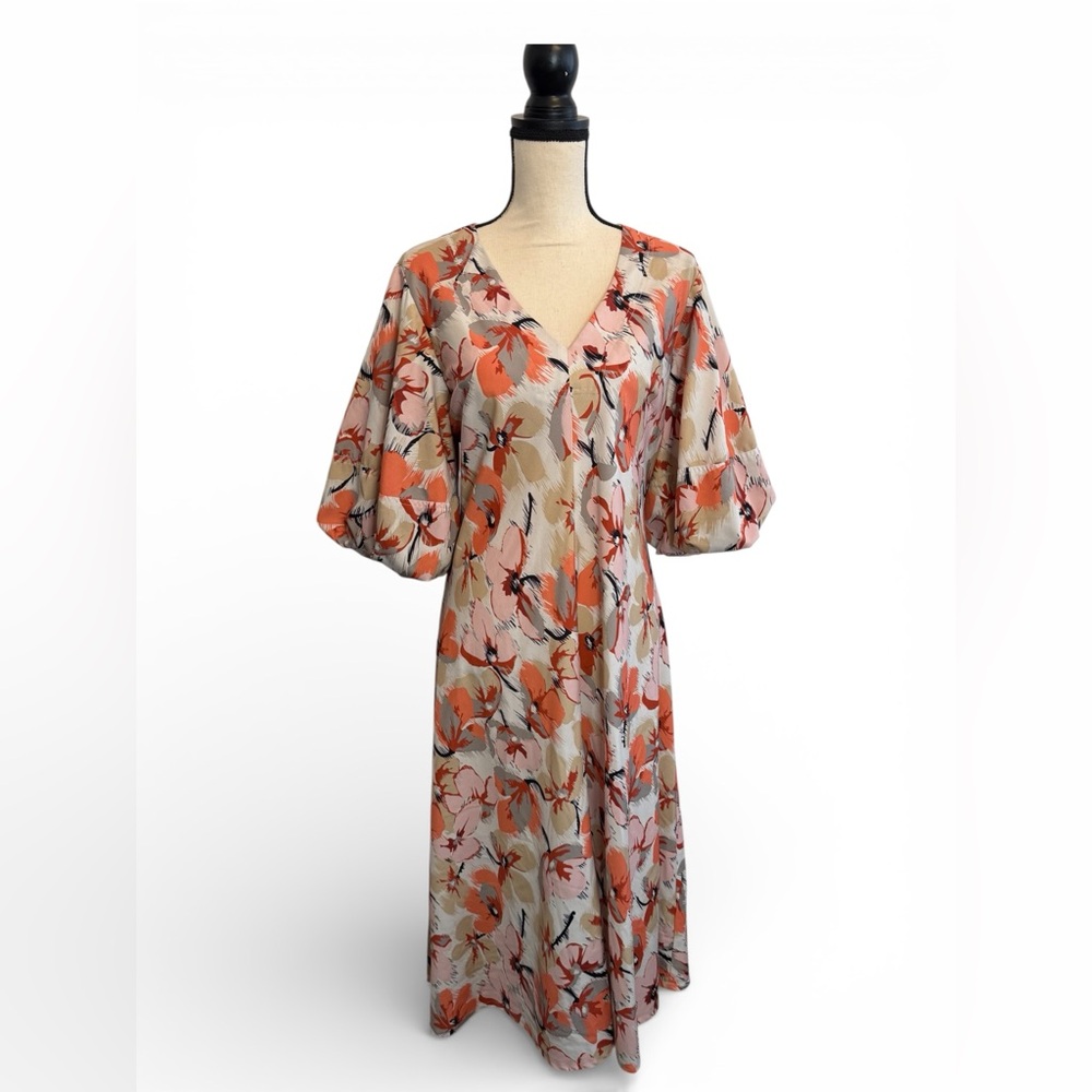 Caara Asti Dress Orange Balloon Short Sleeves Boho Floral Women's Large